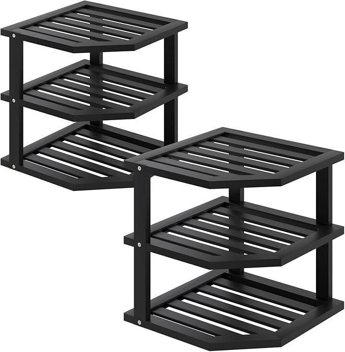3 Tier Bamboo Corner Shelf(2 Pack),Dish Drying Rack,Plate Organizer,Kitchen Spice Rack for Countertop and Cabinet(Black)