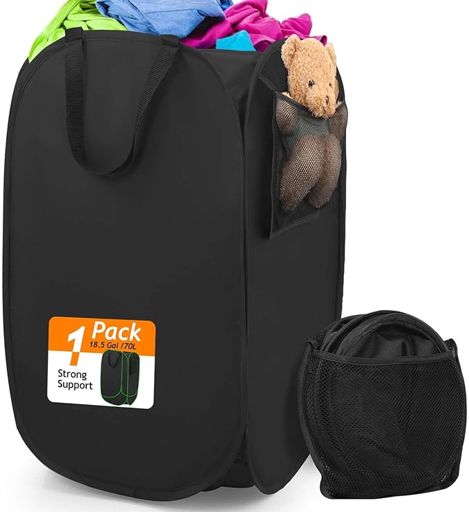 Upgraded Polyester Pop-up Laundry Hamper, 70L(18.5 Gal) Quality Laundry Basket with Durable Handles Solid Bottom High Carbon Steel Frame and Side Pocket, Easy to Open and Fold Flat for Storage