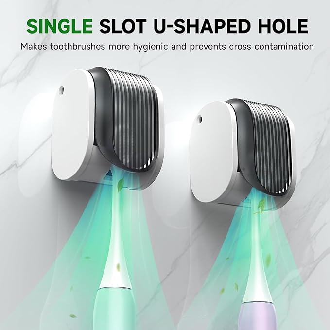 2 Pcs Toothbrush Holders Wall Mounted, Single Slot Design, Shower Self Adhesive Wall Mounted Toothbrush Holder with Cover, Waterproof and Dustproof, Suitable for Bathroom, Family, Travel (Grey)