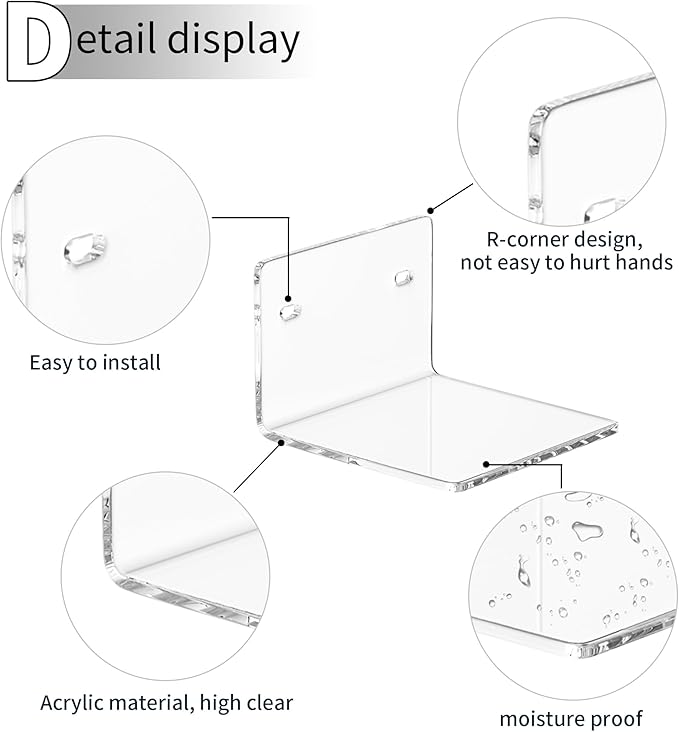 4 Inches Clear Small Wall Shelves, 4mm Thickness Acrylic Small Floating Shelf for Figures, Plants, Security Cameras, Speakers, Moisture-Proof, 2 Pack