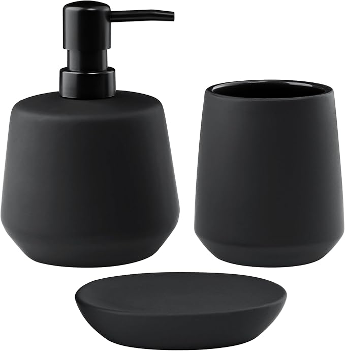 Navaris Ceramic Bathroom Sink Accessories Set - Complete 3pc Matte Black Accessory Set - Soap Dispenser, Toothbrush Holder and Tray - Sets for Bathrooms, Vanity, and Kitchen Sinks