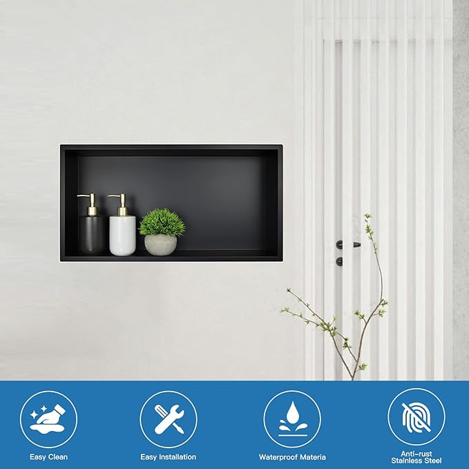 BATHFINESSE Shower Niche 24 x 12, Matte Black Stainless Steel Shower Niche Shelf Recessed for Bathroom Storage No Tile Needed Over Mount Installation