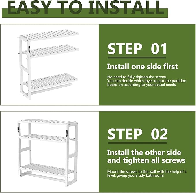 Over The Toilet Storage Bathroom Shelves Wall Mounted 3 Tier Space Saver Corner Shelf Organizer Bamboo Towel Rack Toilet Paper Cabinet with Hanging Rod White