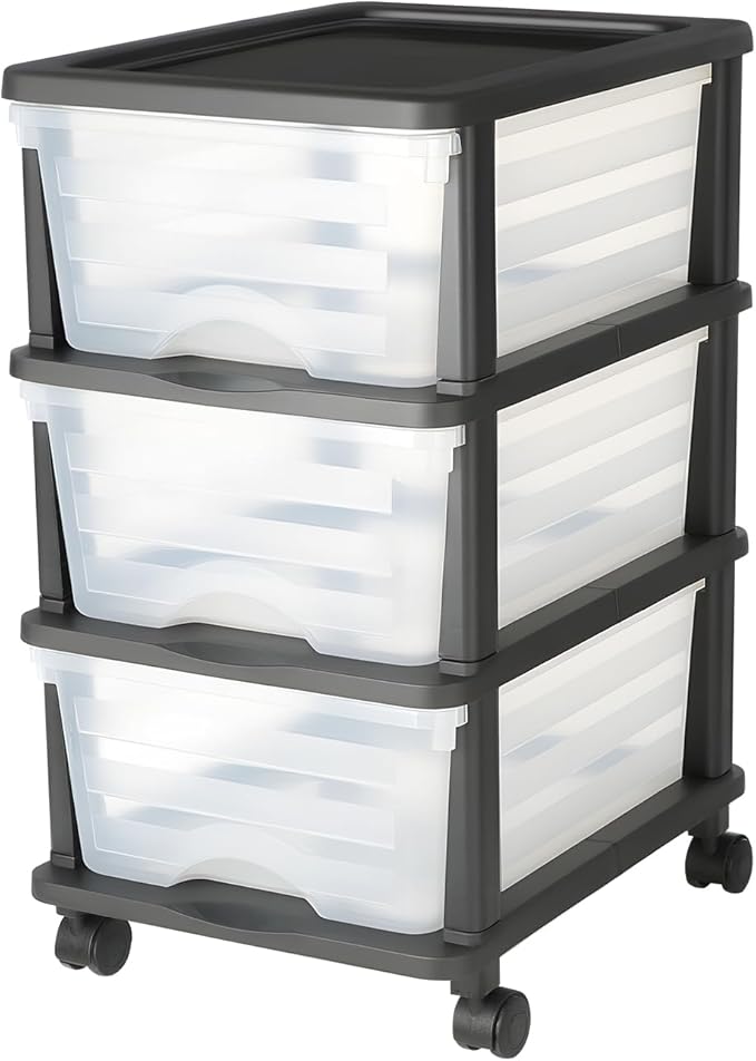 VEVOR Plastic Storage Drawers Cart, 3 Drawers Storage Organizer with Wheels, Rolling Closet Organization and Storage Dividers, Dresser Organizer Clear Bins for Office Supplies, Craft Rooms, Classrooms