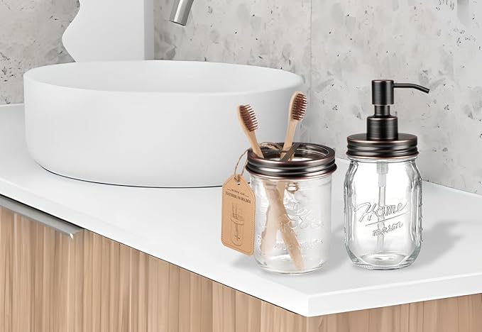 SheeChung Mason Jar Toothbrush Holders, Glass Toothbrush Holders for Bathroom, Bathroom Essentials, Mason Jar Bathroom Accessories Set, Bathroom Countertop Organizer-Oil Rubbed Bronze