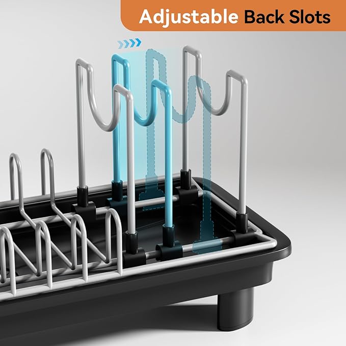 Small Dish Drying Rack, Compact Dish Drainer for Kitchen Counter, with Adjustable Back Slots, Space-Saving for Small Kitchens, Black
