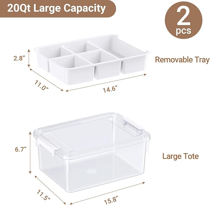 HOMETUK 40Qt Stackable Storage Bins with Lids & Trays, Clear Plastic Latching Boxes Organizers with Dividers Portable 10Gal Containers for Arts & Crafts, Home and Car Trunk Organization, 2Pack