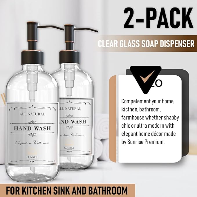 2 Pack Clear Glass Soap Dispenser 16 OZ with Oil Rubbed Bronze Stainless Steel Pump, Hand and Dish Soap Dispenser Set for Bathroom and Kitchen Sink with 6 Waterproof Labels