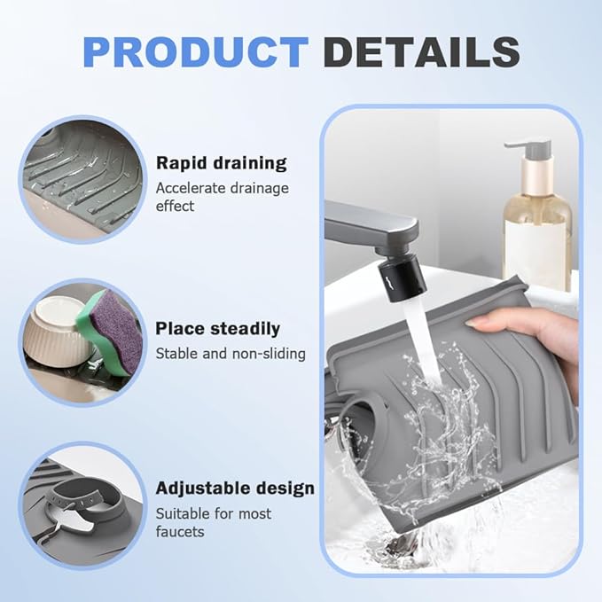 Kitchen Sink Faucet Mat, 2025 New Foldable Faucet Mat for Kitchen Sink, 30in Silicone Faucet Guard & Draining Mat Keep Countertops Dry Splash Guard (White, 30in)
