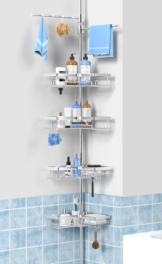 KEGII Shower Caddy Tension Pole with 2 Towel Bars, Adjustable Corner Bathroom Organizer, Rustproof Bathtub Storage Shelves for Shampoo, 25–114.2 Inch Shower Corner Rack for Renters & Family, Silver