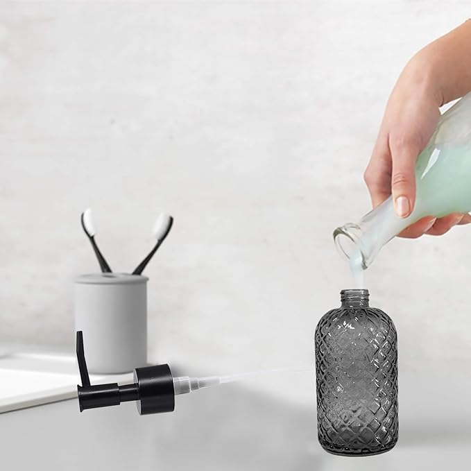 Grey Glass Soap Dispenser with Black Plastic Pump, 13.5oz Refillable Liquid Hand Dispenser, Lotion Dish Soap Dispenser for Modern Home Decor, Bathroom, Kitchen Countertop, Hotel