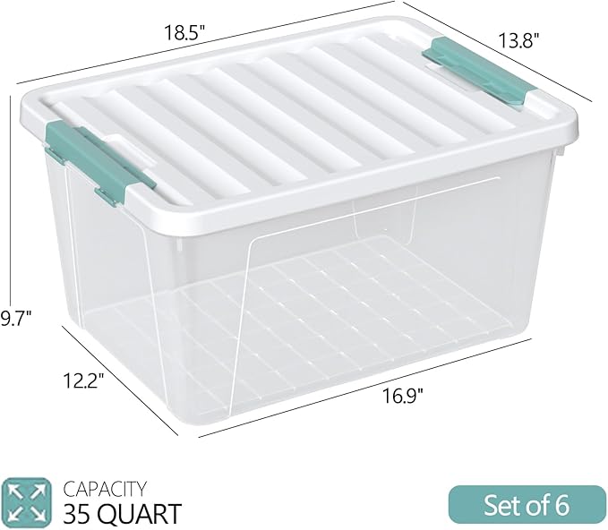 Zopnny 35 Qt. Stackable Plastic Storage Bins with Lids, 6 Pack, See-Through Organizing Solution, Latches, Durable Nestable Containers, Clear