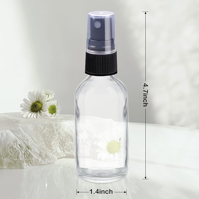 Wedama 2 oz Mini Glass Spray Bottles, Empty Small Spray Bottles with Funnel Dropper, Fine Mist for Hair, Travel, Plants, Cleaning Solutions and Skin Care (4 Pack Clear)