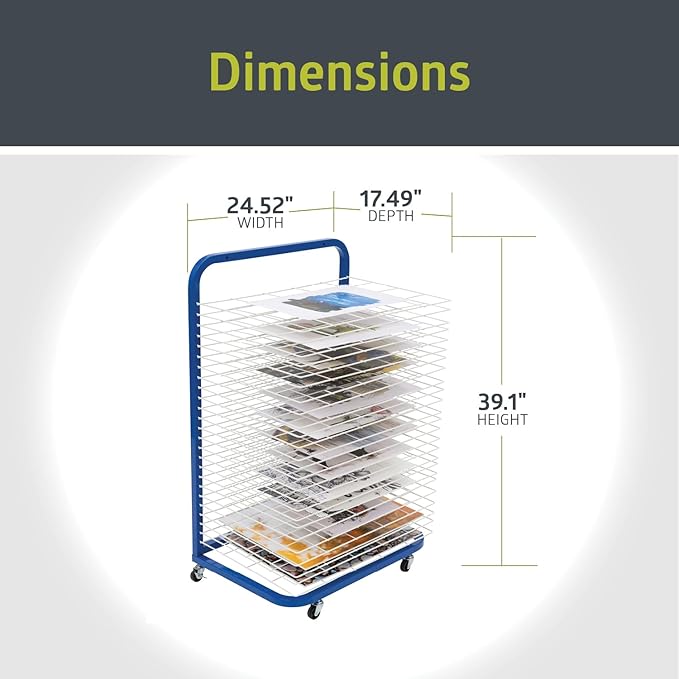 Pearington Mobile 25-Shelf Art Drying Rack for Classrooms and Art Studios, Heavy-Duty Steel Rolling Art Rack Cart with 25 Wide Shelves, Blue