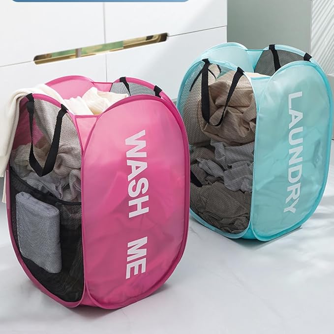 Larpur Pop Up Laundry Baskets, 2 Pack Mesh Laundry Hampers Collapsible Clothes Hampers for Home, Dorm, Travel (Pink + Blue)