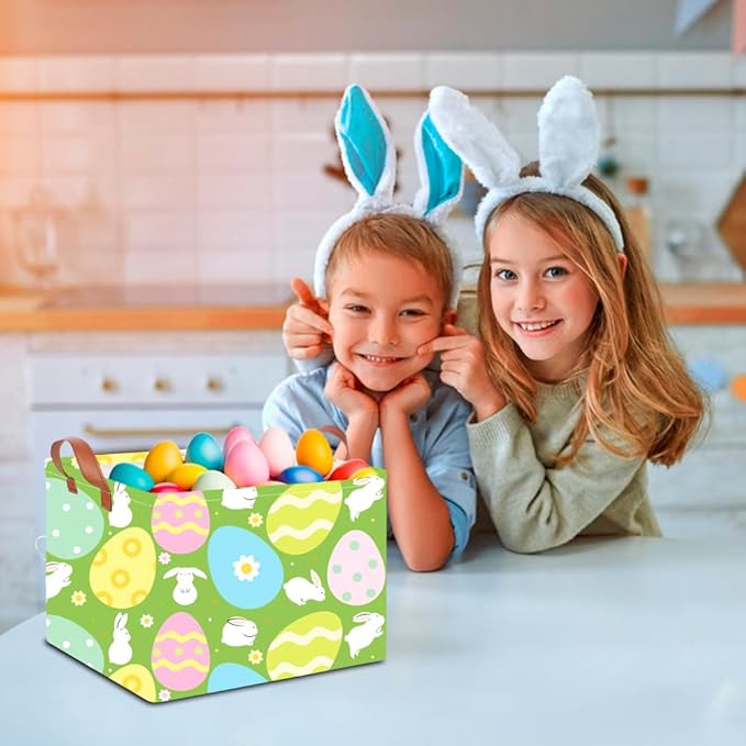 CLOCOR Rectangular Easter Basket Empty, Easter Gift Basket, Waterproof Storage Box with Handles,Room Decor(Green Easter Basket)