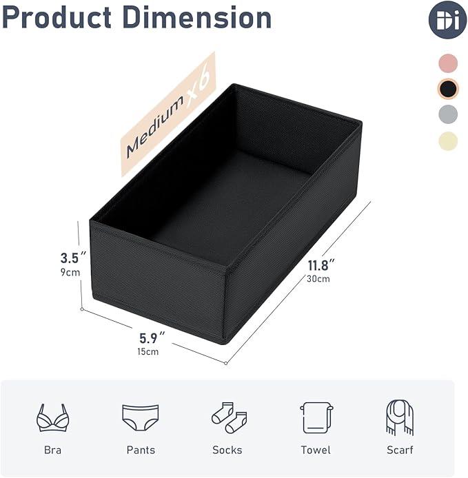 DIMJ Drawer Organizer Clothes - Underwear Organizer Small Closet and Storage Box Dresser Organizer,Drawer Dividers for Baby Clothes,Bra,Socks, Belt, Tie, Set of 6,Black