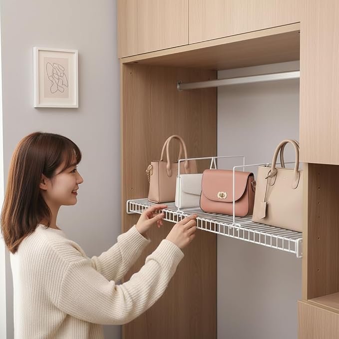 Wire Shelf Dividers - White Closet Organization & Storage Organizer - No Tool Shelf Divider for Wire Shelves - Metal Shelf Accessories – for 12“ Deep Wire Shelves – Tall 7” Height – 8 Pack