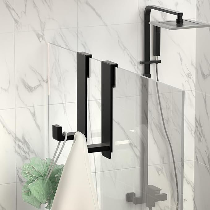 WUIVIUT Heavy-Duty Stainless Steel 7.5 Inch Over The Glass Door Shower Hooks - Towel Hooks for Frameless Shower Glass Door Bathroom Holder for Washroom(L Shape 2 Pack, Fits 3/8'' Thick)