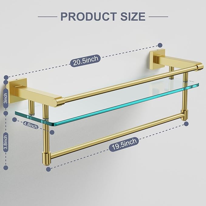 SFGSOWOR Bathroom Glass Shelf with Towel Rack Organizer Wall-Mounted Bathroom Storage SUS304 Stainless Steel Track Wall-Mounted Tempered Glass Stainless Steel Shelf (Brushed Gold, 20-inch)