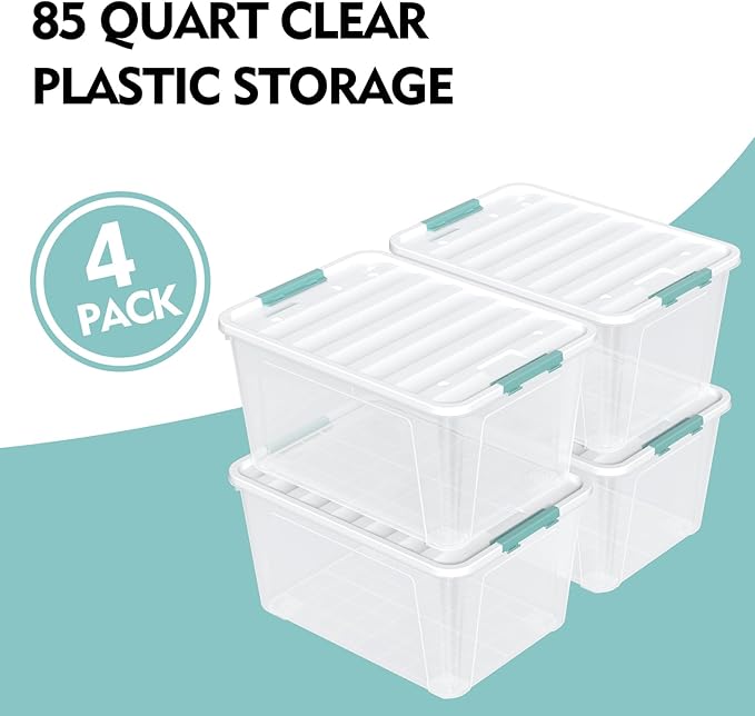 Tyminin 4-Pack 85 Quart Plastic Storage Bin, Stackable and Nestable Storage Boxes with White Lids and Secure Latching Buckles, Large Storage Container