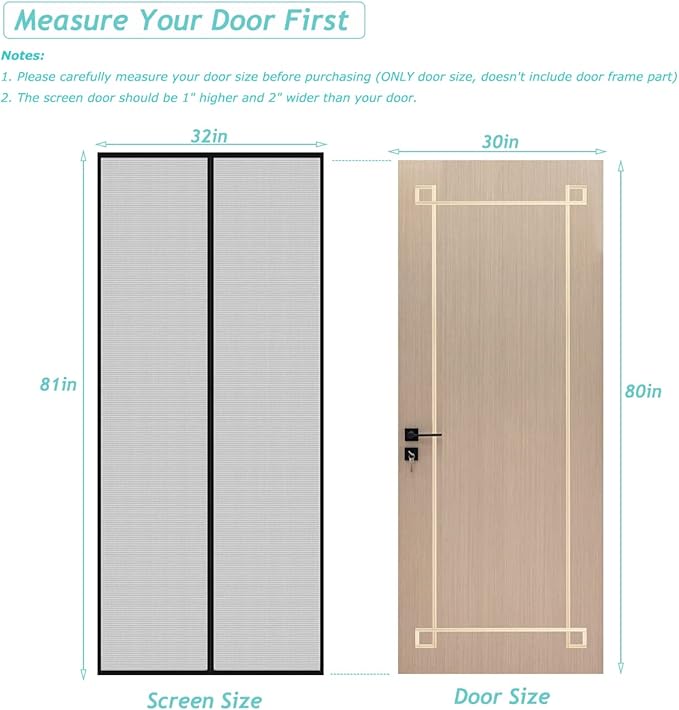 DOOREASY Magnetic Screen Door, New Upgraded Polyester Heavy Duty Mesh Door with Full Frame Hook & Loop, Enjoy Air Fresh, Screen Size 32" x 81", Fit Door Size 30 x 80 inch