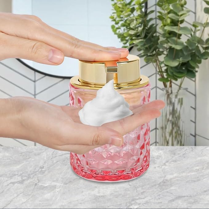 Bathroom Accessories Set, 3pcs Pink Glass Bathroom Accessory Set,Toothbrush Holder, Foaming Soap Dispenser and Tumbler, Gold Bathroom Decor Sets for Organizer, Home Apartment Gift