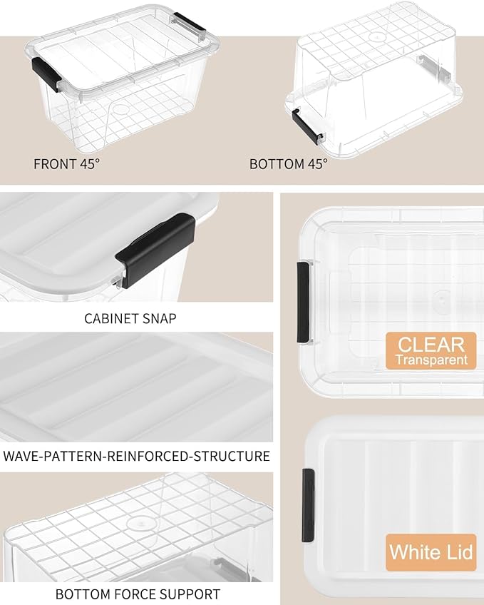 Plastic Storage Bins with Lids 6 Pack, 7 Quart Storage Containers with Black Buckle Latch, Stackable Storage Containers for Home Pantry Office Classroom Organization,