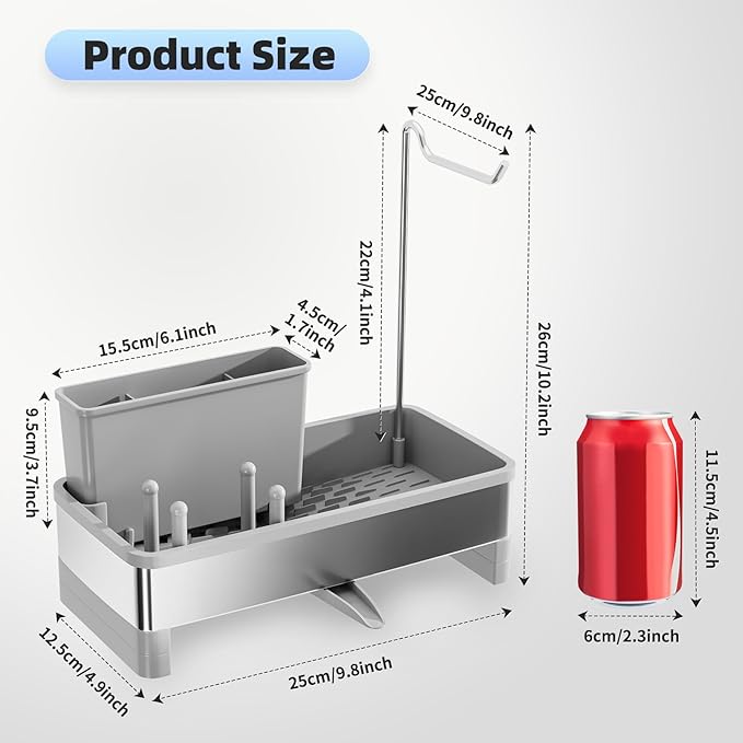 Ewaiira Stainless Steel Sink Caddy, Sponge Holder for Kitchen Sink with Brush Holder & Dishcloth Rack, Rustproof Sink Organizer Countertop, Kitchen Organizers Storage Essentials (F-Gray)