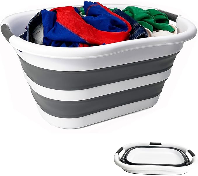 SAMMART 40L (10.5 gallon) Plastic Foldable Laundry Basket/Tub - Collapsible, Space Saving and Portable Laundry Hamper, Ideal for Home, Travel, Dorm, and Camping (1, White/Steel Gray)