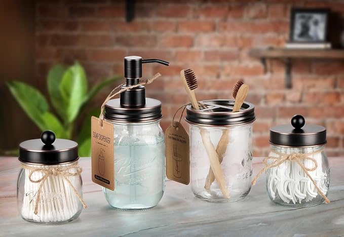 SheeChung Mason Jar Toothbrush Holders, Glass Toothbrush Holders for Bathroom, Bathroom Essentials, Mason Jar Bathroom Accessories Set, Bathroom Countertop Organizer-Oil Rubbed Bronze