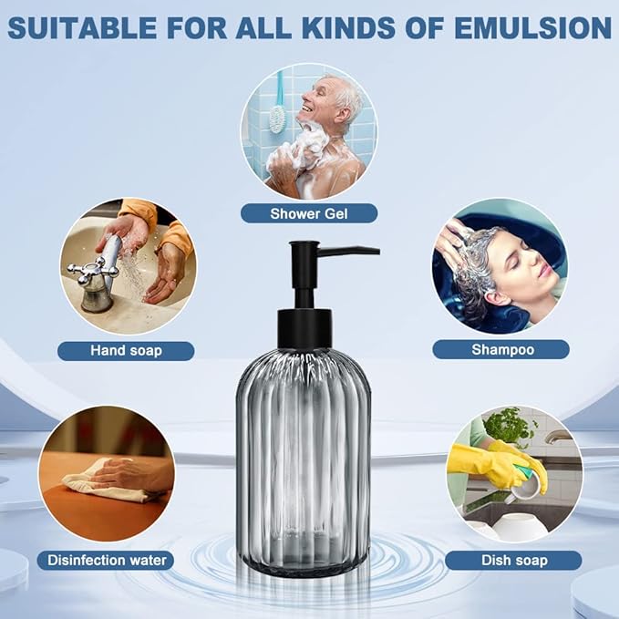 Pack of 2 Glass Soap Dispenser with Black Pump, 400 ml Refillable Pump Dispenser for Kitchen, Bathroom, Laundry Room, Liquid Glass Bottle for Washing Up Liquid, Shampoo, Conditioner (Gray)