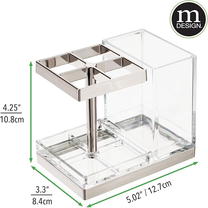 mDesign Plastic Toothbrush and Toothpaste Storage Organizer Holder - Home Decor for Bathroom Countertop - Holds Toiletries and Beauty Accessories - Lumiere Collection - Clear/Brushed
