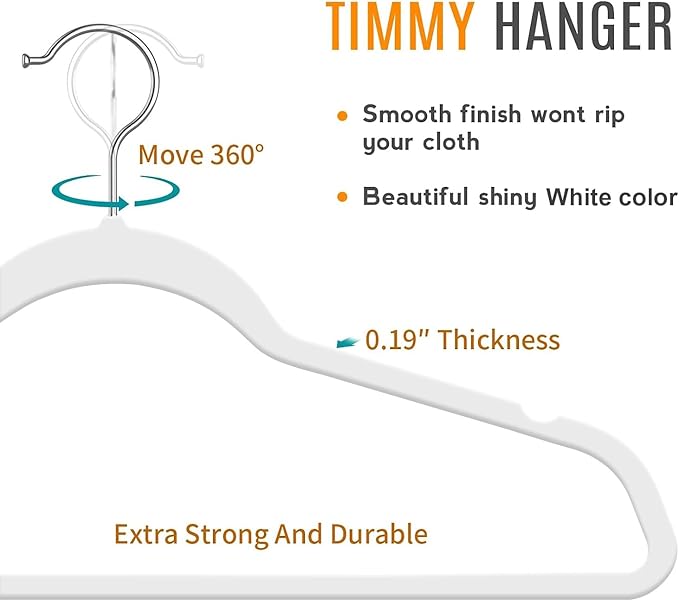 TIMMY 50 Plastic Hangers 17.7 Inch Non-Slip, Space Saving Closet Organizers, Heavy Duty Slim Hangers for Pants, Shirts, Coats (White, Ultra Thin & Durable)