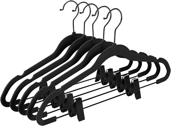MIZGI Premium All Black Velvet Pants Hangers with Adjustable Clips (Pack of 30) Slim Skirt Hangers- Non Slip Felt Outfit Dress Hangers- Black Hooks,Space Saving Shirt Clothes Hangers