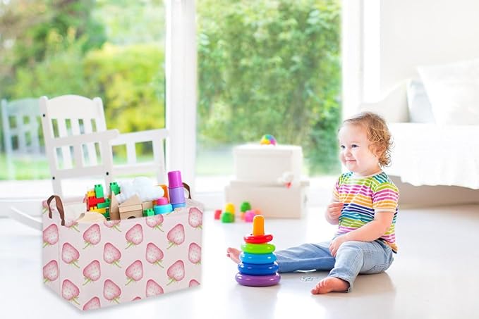 Sanjiaofeng Rectangular Kids Basket Pink Storage Bins,Strawberry Storage Basket with Handles.Clothers,Books,Kid's Gifts Bins. (Pink strawberry)