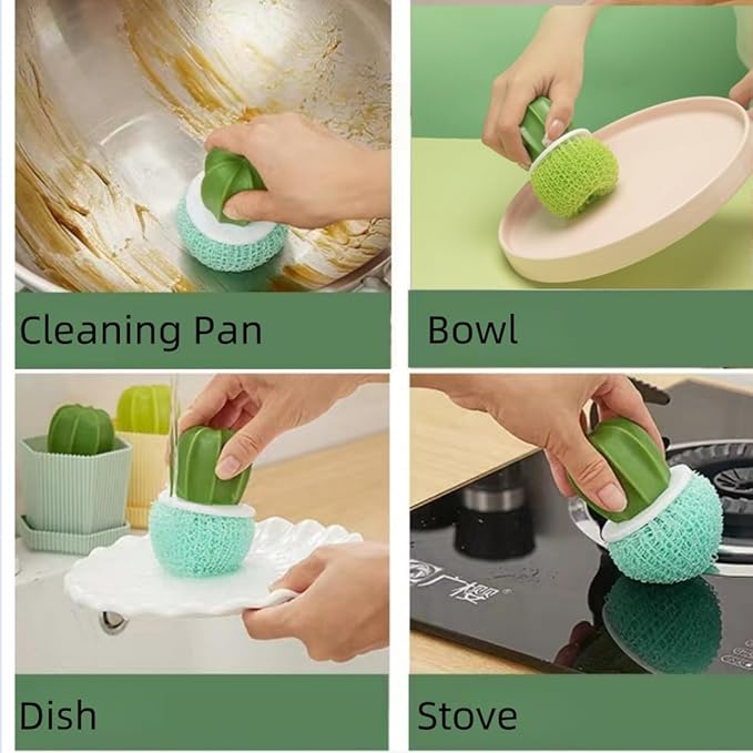Kitchen Cleaning Brush Set with Holder & Drip Tray – 3 Head Cactus Scrub Brush, Row Brush, Mini Dish & Pot Brushes – Durable Multi-Purpose Scrubbers for Sink, Pans, Plates, Cups (Green)
