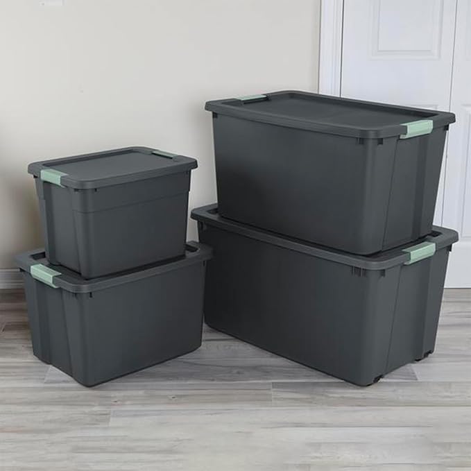 Sterilite 16 Pack 34 Gallon Latch Tote, Stackable Plastic Storage, Gray/Green