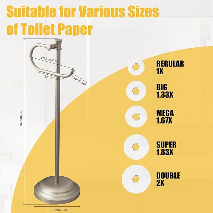 BESy Toilet Paper Holder Stand SUS 304 Free Standing Bathroom Tissue Holder with Storage Hardware Accessories Rack Hand Towel Bar Rustproof Lavatory Tissue Roll Holder Floor Modern Brushed Nickel