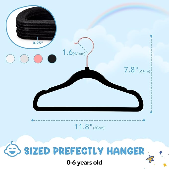 HOUSE DAY Velvet Baby Hangers for Closet, Kids Hangers Velvet 60 Pack, Non Slip Toddler Hanger 11.8 Inch, Durable Childrens Hanger for Newborn Baby Clothes- Black
