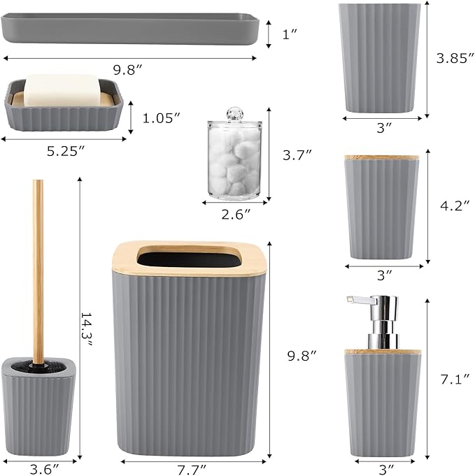 Grey Bathroom Accessories Set, 9 Piece Gray Bathroom Set, Bathroom Accessory Sets Compelete with Trash Can, Toothbrush Holder, Cup, Lotion Dispenser, Tray, Soap Dish, Toilet Brush, Qtip Holders