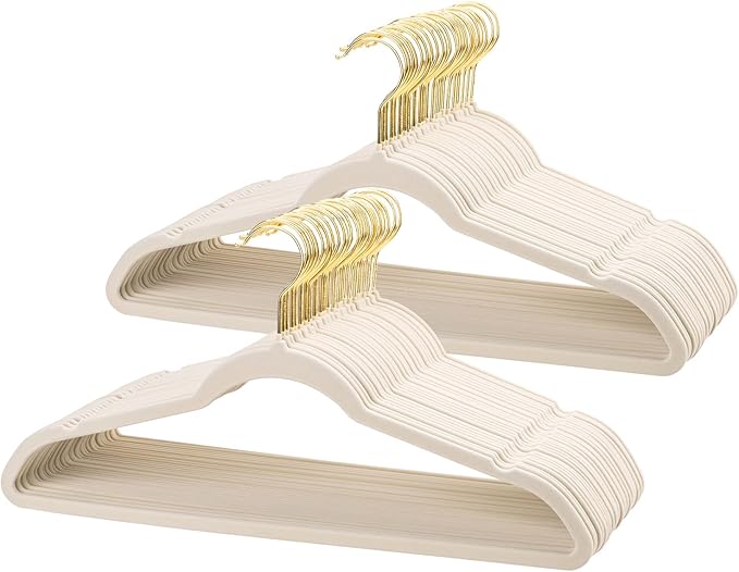 Velvet Hangers 30 Pack, Non Slip Clothes Hanger Heavy Duty for Suit/Coat, Premium Felt Slim Space Saving Suit Hangers for Closet Organizer, 360° Rotating Gold Hook - Ivory