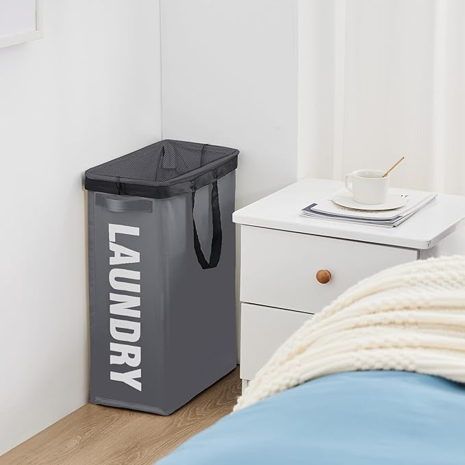 Slim Laundry Hamper with Removable Inner Bag and Side Handles, 45L Small Laundry Baskets to Store Clothes, Narrow Dirty Clothes Hamper for Laundry Room, Bathroom, Bedroom, and Living Room - Grey