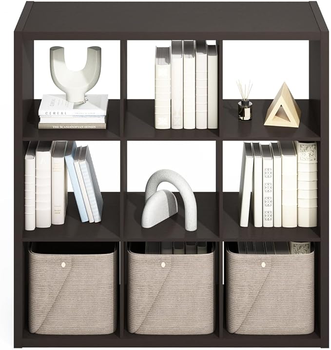 Furinno Simple Cube Storage Organizer, 9-Cube Display Shelf, Open Back Shelving Unit, Storage Shelves, Extra Thick Frame, for Organization and Storage, Living Room, Home Office, Dark Oak
