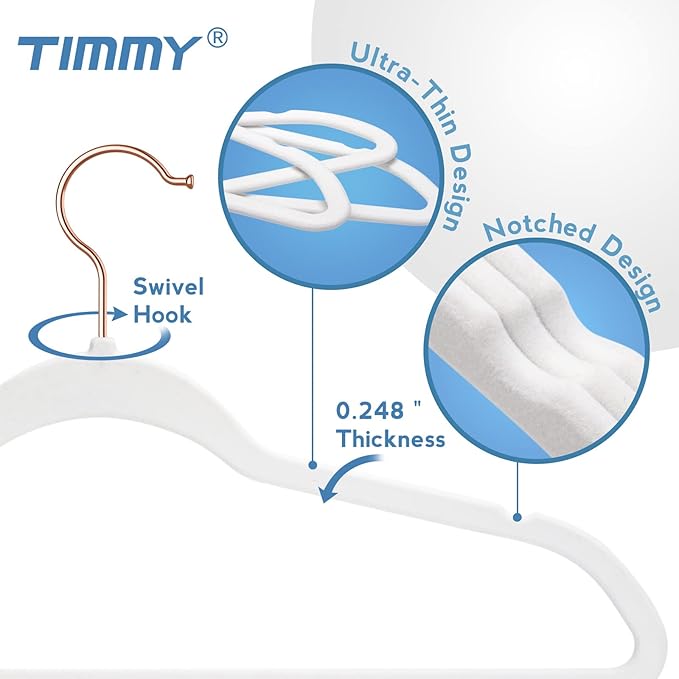 TIMMY Hangers Non-Slip Velvet Hangers - Suit Hangers (50-Pack) Ultra Thin Space Saving Coat Hanger and Heavy Duty Clothes Hangers Hold Up-to 10 Lb-White Velvet Hangers