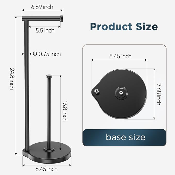 theaoo Heavy-Duty Toilet Paper Holder Stand – Modern Freestanding Bathroom Toilet Tissue Paper Roll Holder with Reserve & Storage, Stainless Steel (Black, Free Standing)