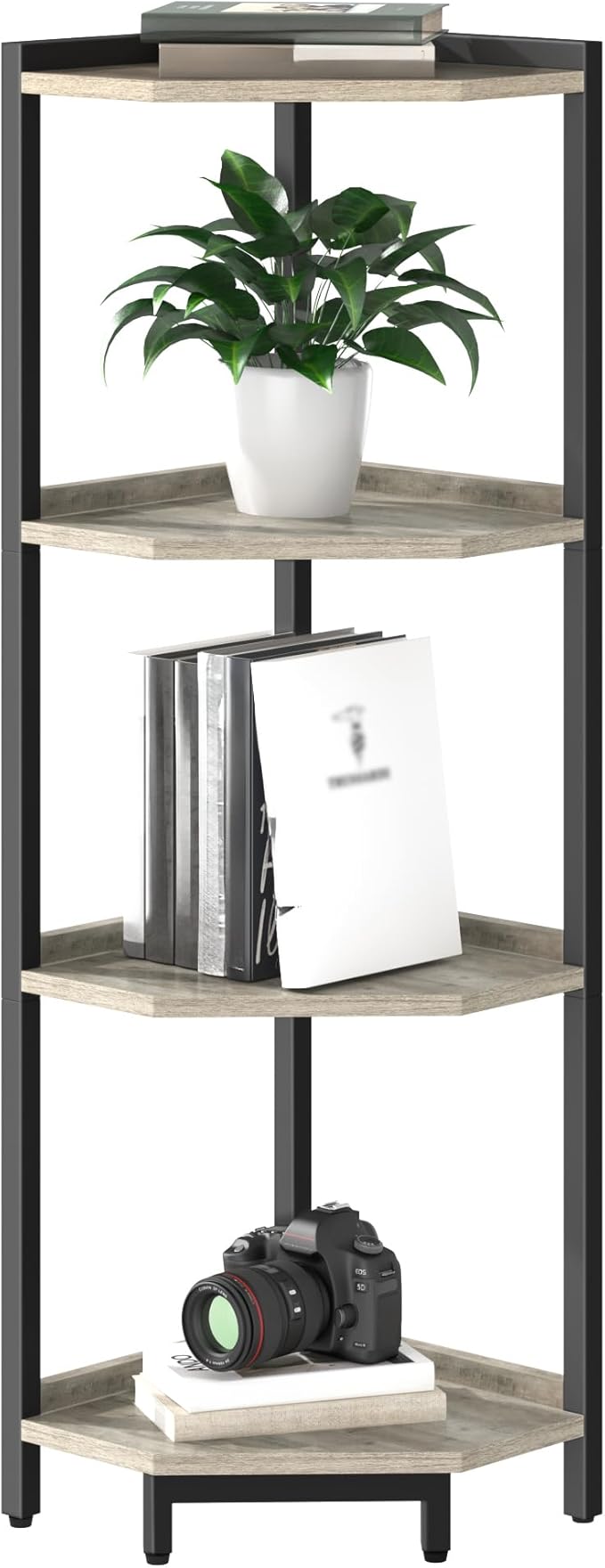 Corner Shelf Stand, Corner Bookshelf, Storage Standing Shelf Unit with Metal Frame, Plant Stand, Bookcase for Living Room, Home Office, Bedroom, 4-Tier Greige CS05805B
