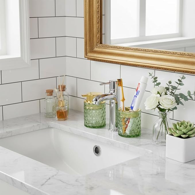 Bathroom Accessories 2 Piece Set Glass Soap Dispenser and Toothbrush Holder, 10oz Foaming Soap Dispenser, Green Toothbrush and Toothpaste Holder Organizer Cup for Modern Bathroom Decor