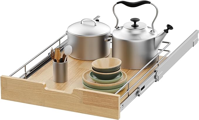 Sikarou Pull Out Cabinet Organizer,Heavy-Duty Slide Out Shelf, Wood And Wire Basket, Pull Out Drawer for for Kitchen Under Sink Space, Pantry, Bathroom (17 * 21 WM)