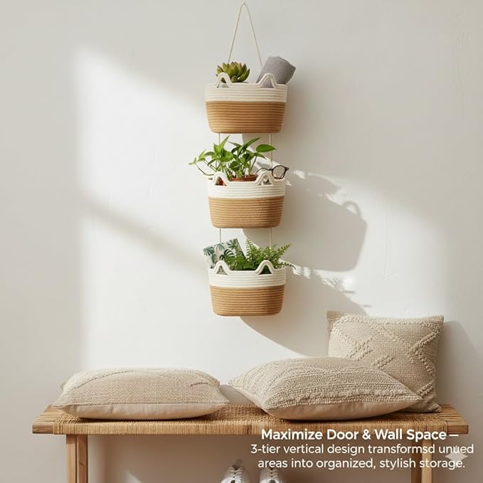 Britwicfr Wall Hanging Baskets, 3-Tier Cotton Over Door Organizer, Decorative Hanging Wall Basket for Wall, Door, Nursery, Living Room, Bathroom, Cat-Like Design Boho Decor, White & Jute